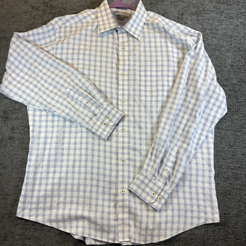 Johnston & Murphy Button Down Shirt Mens XL Blue Plaid Tailored Fit Long Sleeve - Picture 2 of 11
